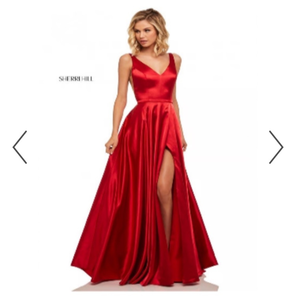 Sherri Hill Red Satin Event Sleeveless Ball Gown With Pockets illusion side